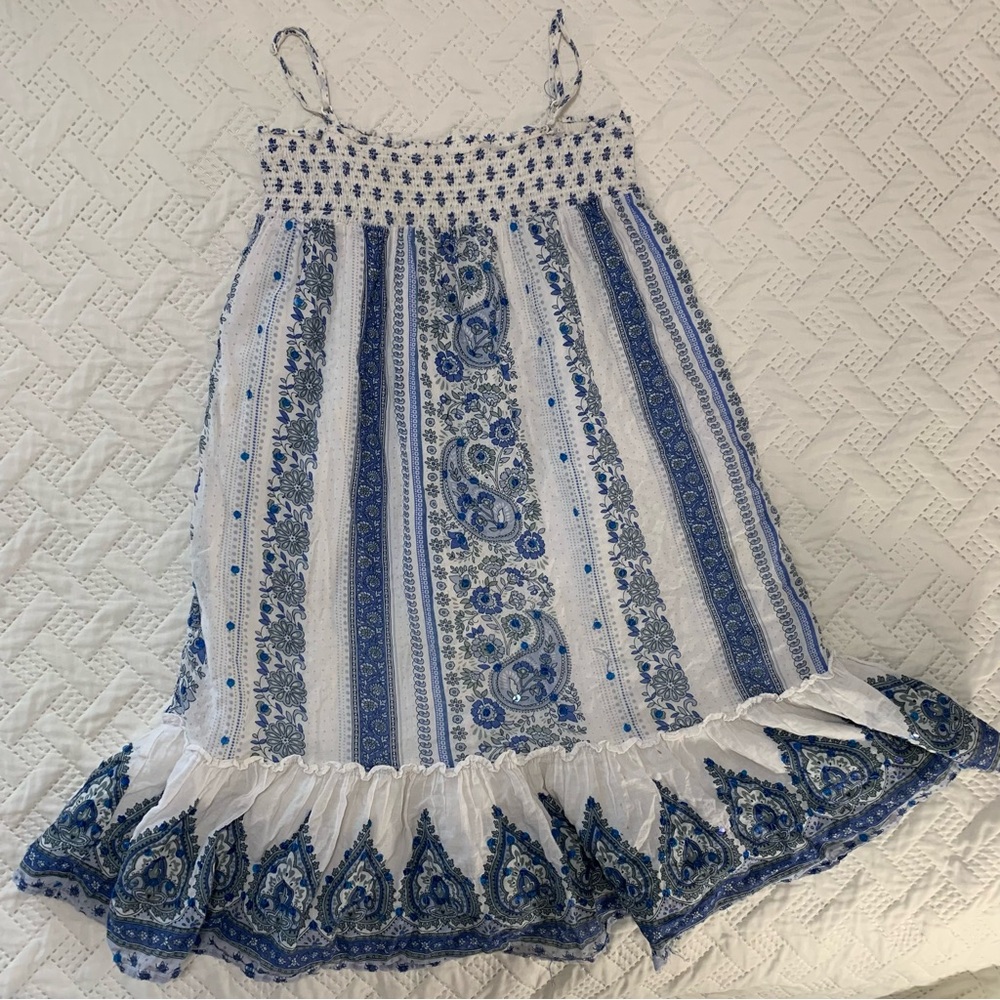Gap Kids Little Girls Medium Blue and White Dress Sequins Accents Floral Striped
